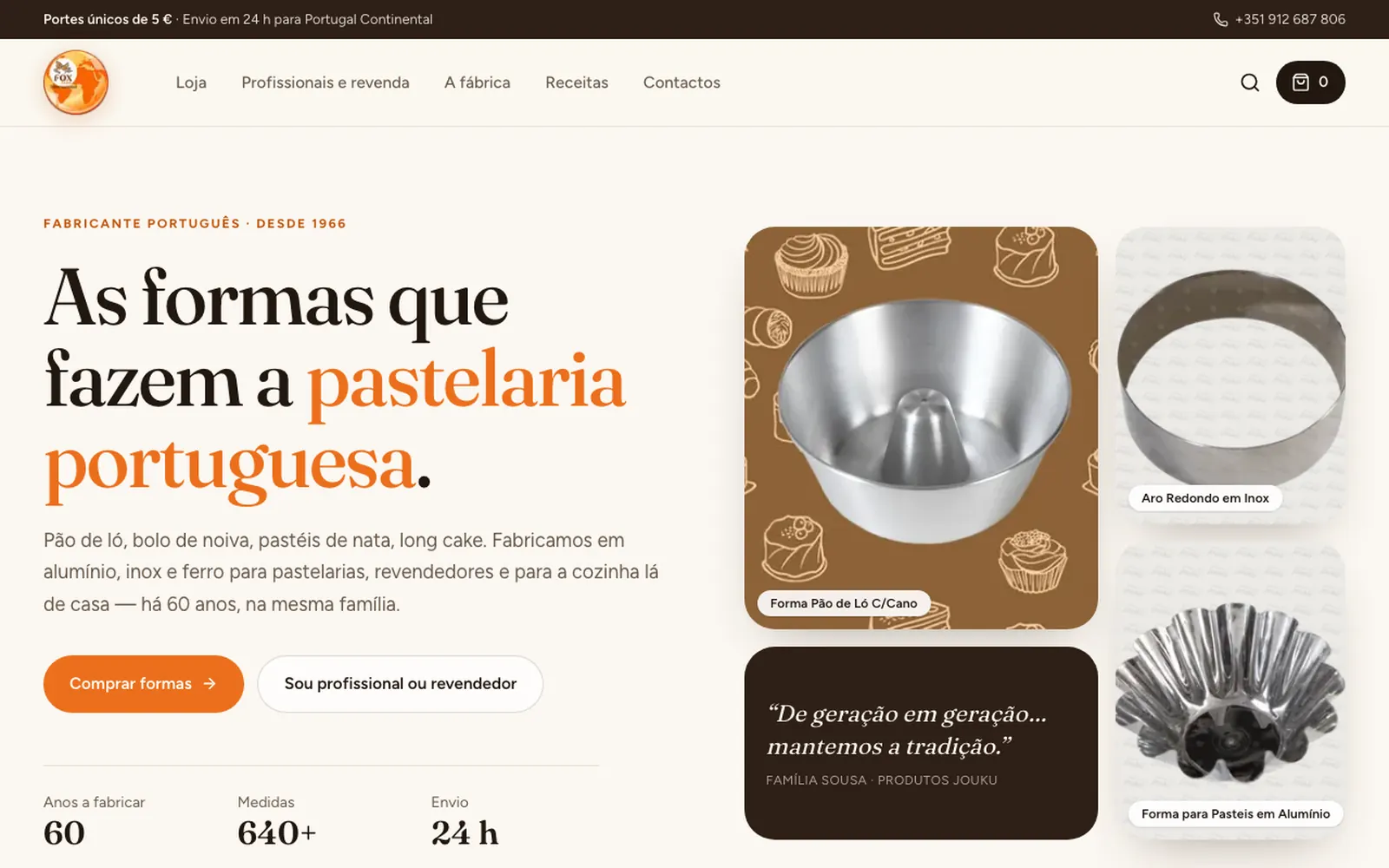 Página inicial da Foxline, com o título “As formas que fazem a pastelaria portuguesa” e formas em alumínio em destaque.