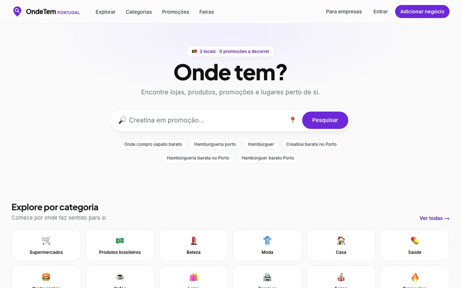 Página inicial do Onde Tem, com a pergunta “Onde tem?” e uma barra de pesquisa por estabelecimentos.