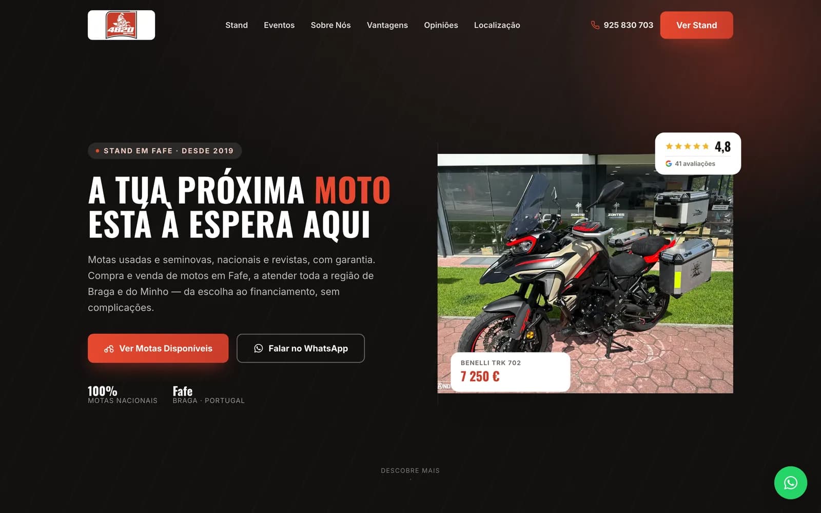 Página inicial do site do Stand 4820, com o título “A tua próxima moto está à espera aqui” e uma moto em destaque.